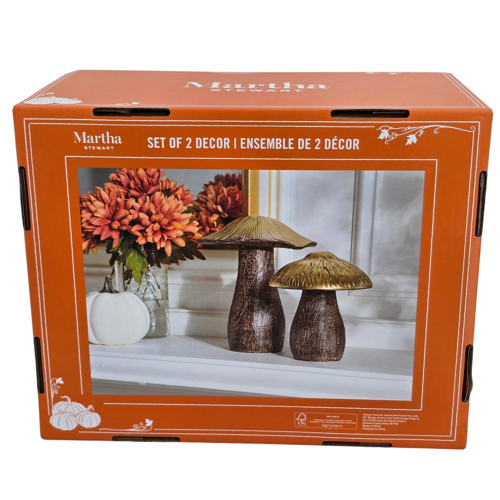 Martha Stewart Set of 2 Mushroom Decor Gold and Brown Woodland Figurines